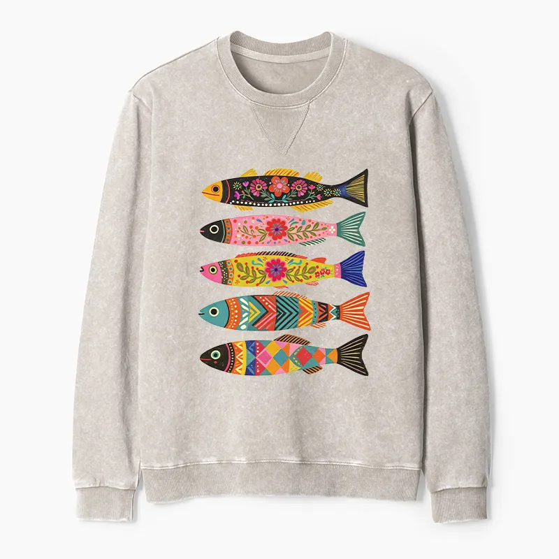 Tokyo-Tiger Colorful Patterned Fish Washed Terry Sweatshirt