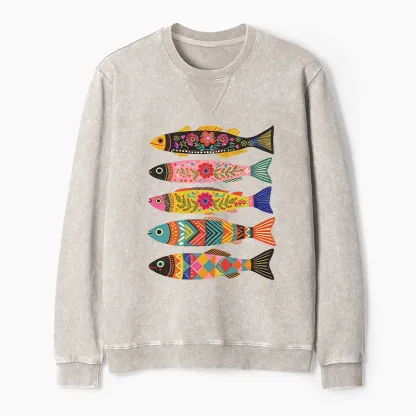 Tokyo-Tiger Colorful Patterned Fish Washed Terry Sweatshirt