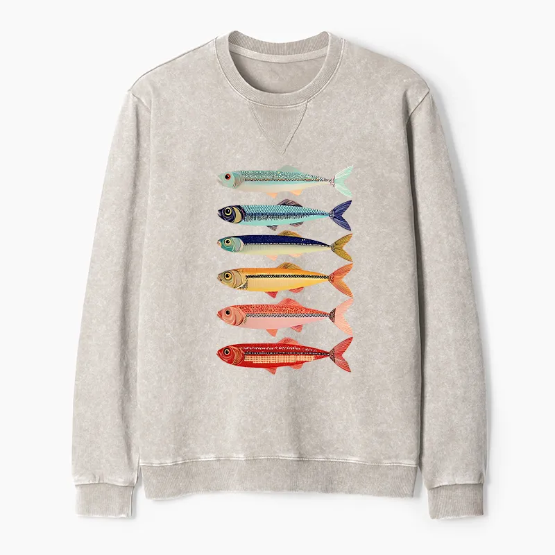 Tokyo-Tiger Colorful Fish Stack Washed Terry Sweatshirt