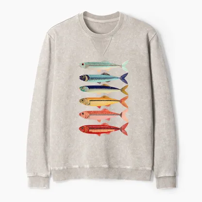 Tokyo-Tiger Colorful Fish Stack Washed Terry Sweatshirt