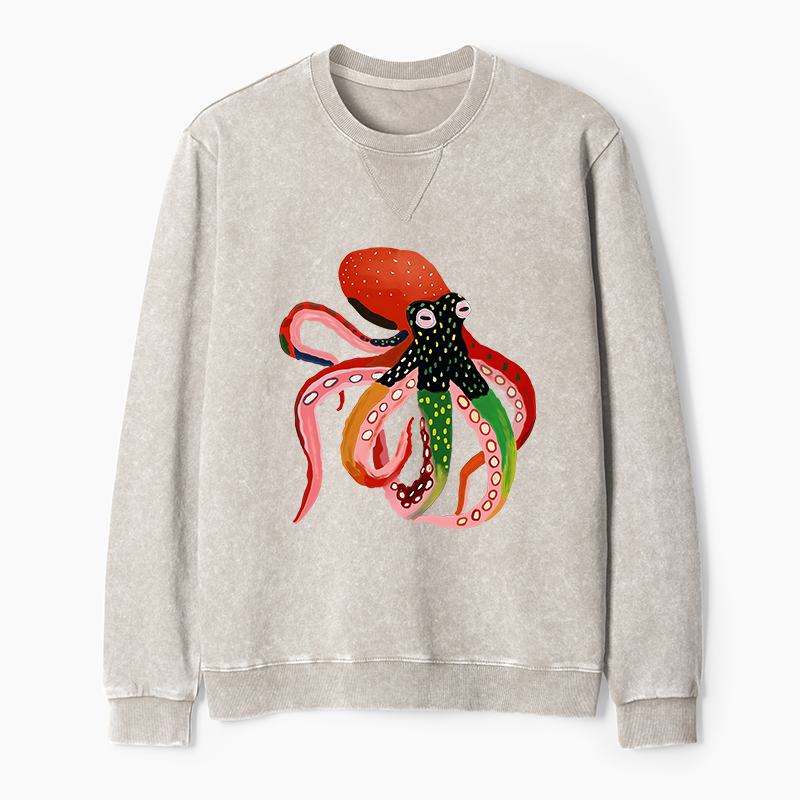 Tokyo-Tiger Colorful Octopus Art Washed Terry Sweatshirt