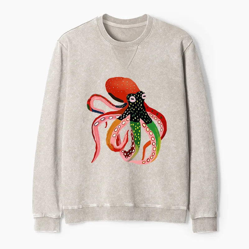 Tokyo-Tiger Colorful Octopus Art Washed Terry Sweatshirt Sale