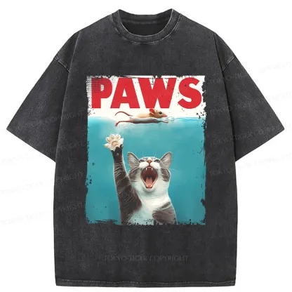 Tokyo-Tiger Paw Funny Cat Washed T-Shirt