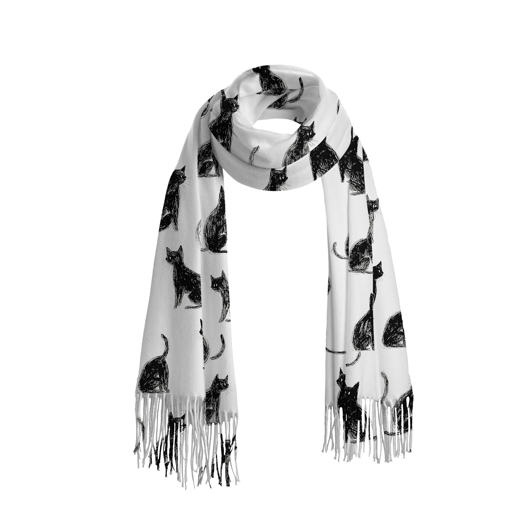 Tokyo-Tiger Black Cat White Fringed Scarf