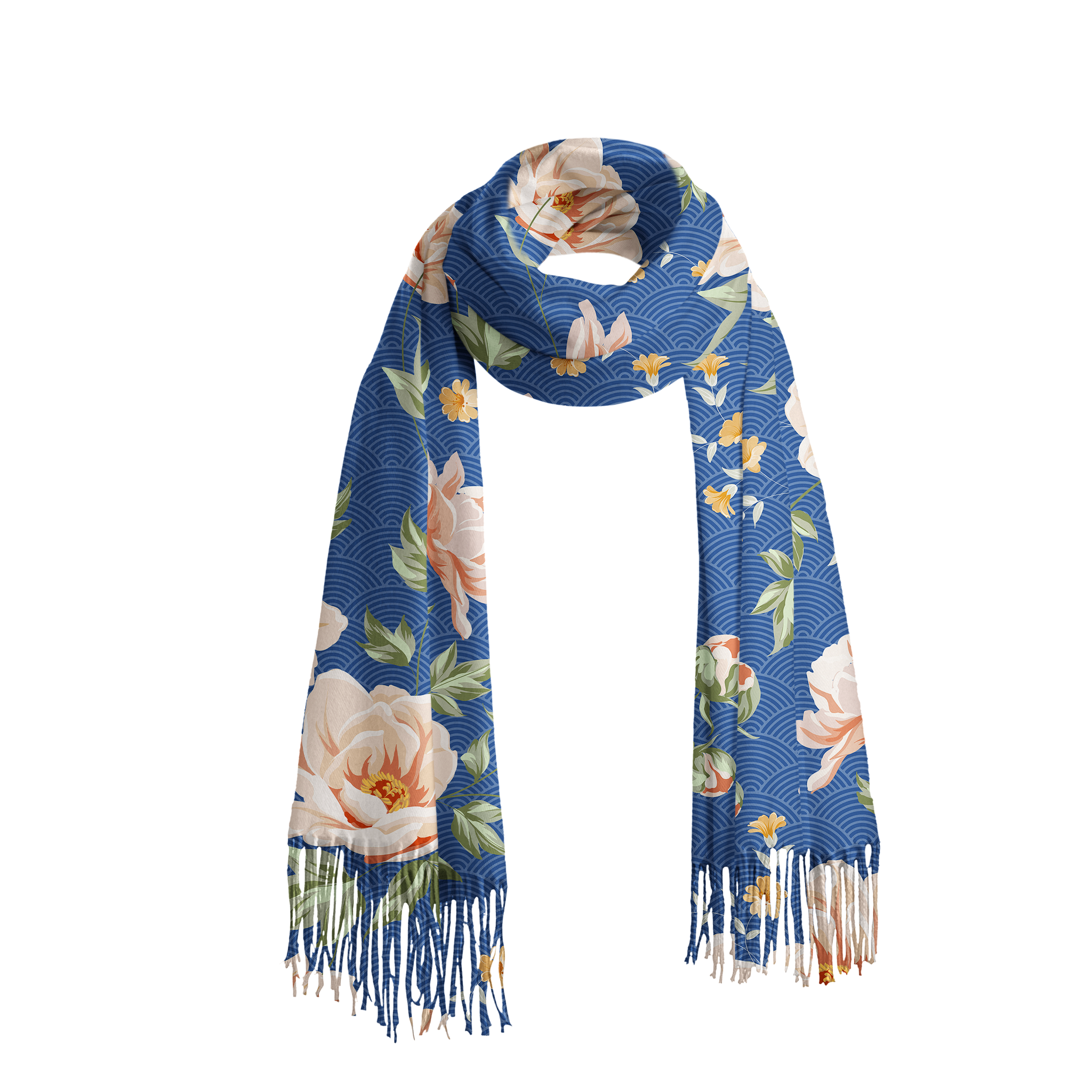 Tokyo-Tiger Flowers In The Waves Fringed Scarf