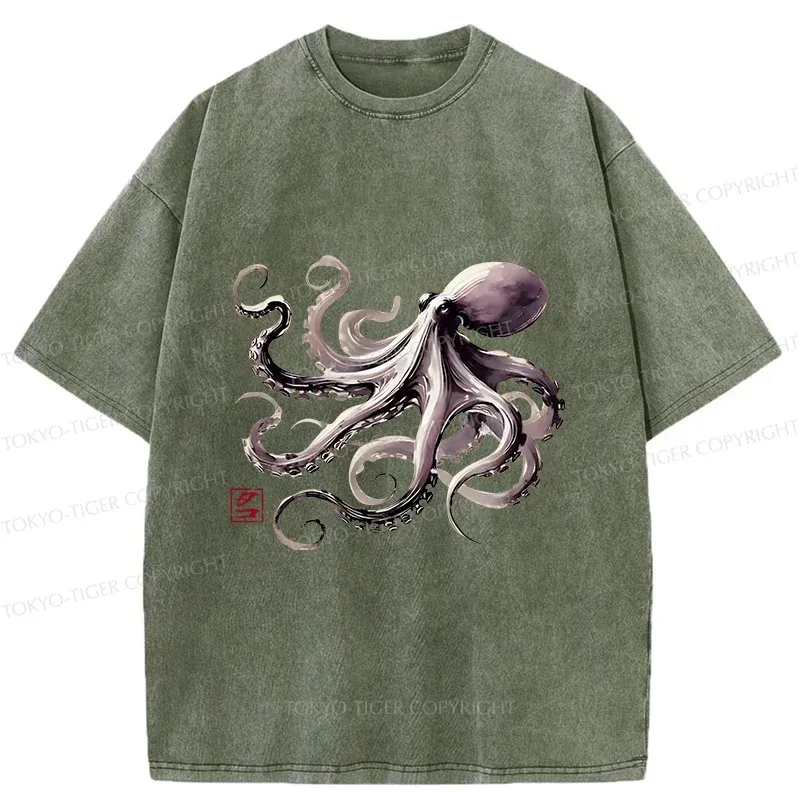Tokyo-Tiger Retro Japanese Octopus Washed T-Shirt
