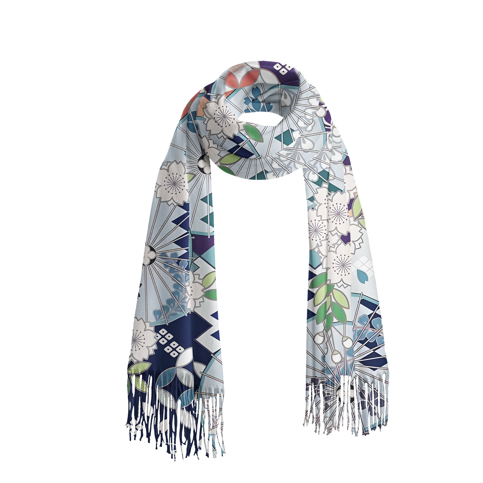 Tokyo-Tiger Floral And Umbrella Fringed Scarf