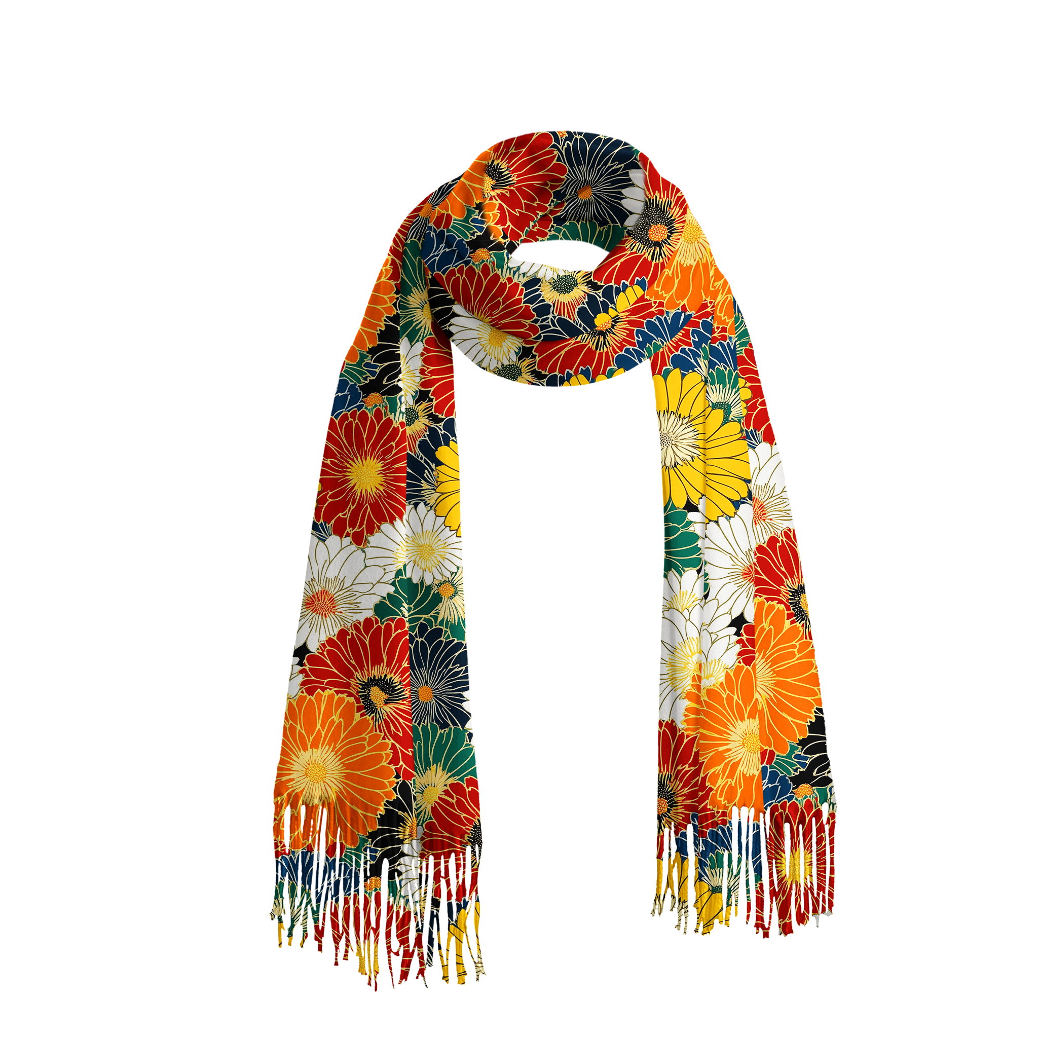Tokyo-Tiger Colorful Chrysanthemums Fringed Scarf