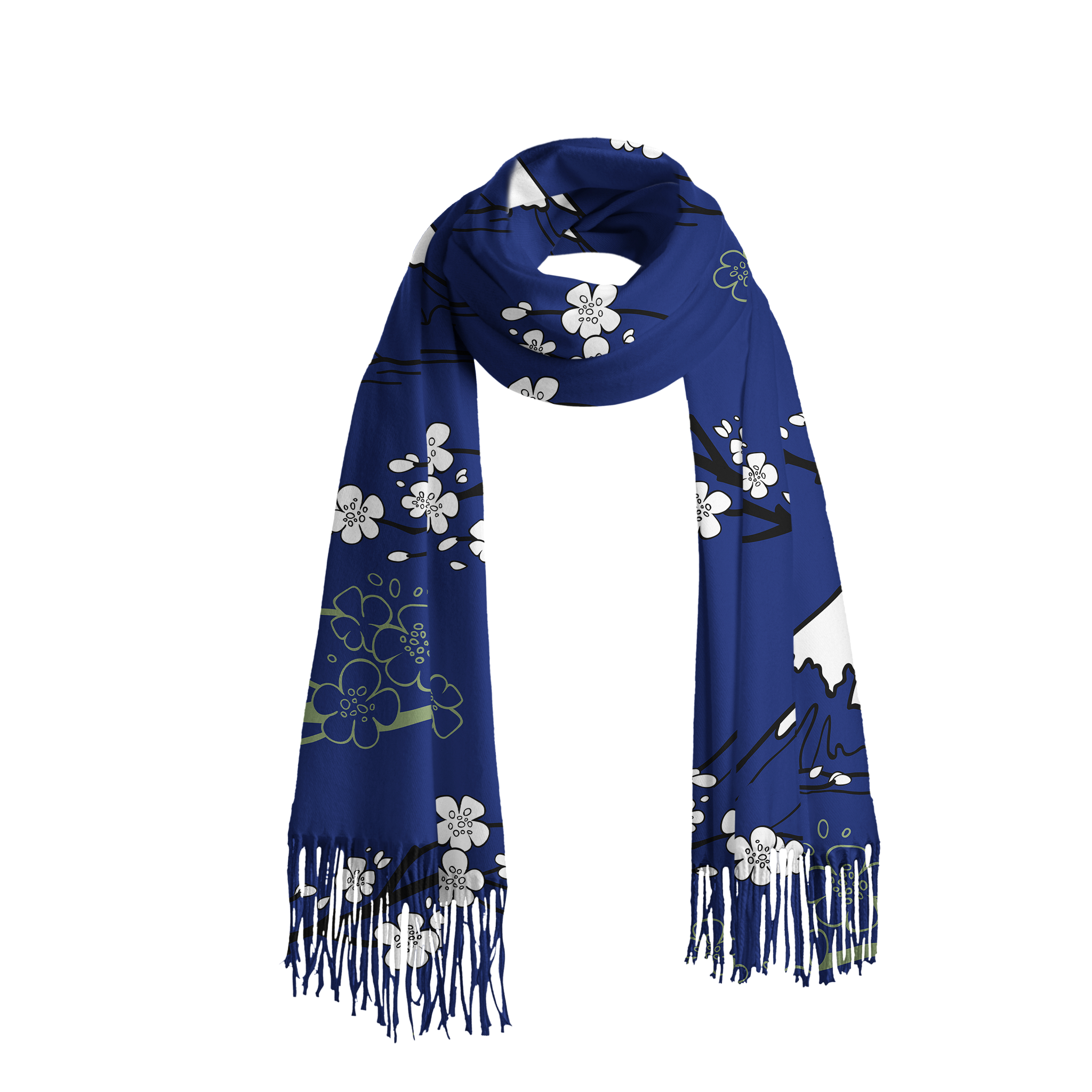 Tokyo-Tiger Mt. Fuji Blossoms Fringed Scarf