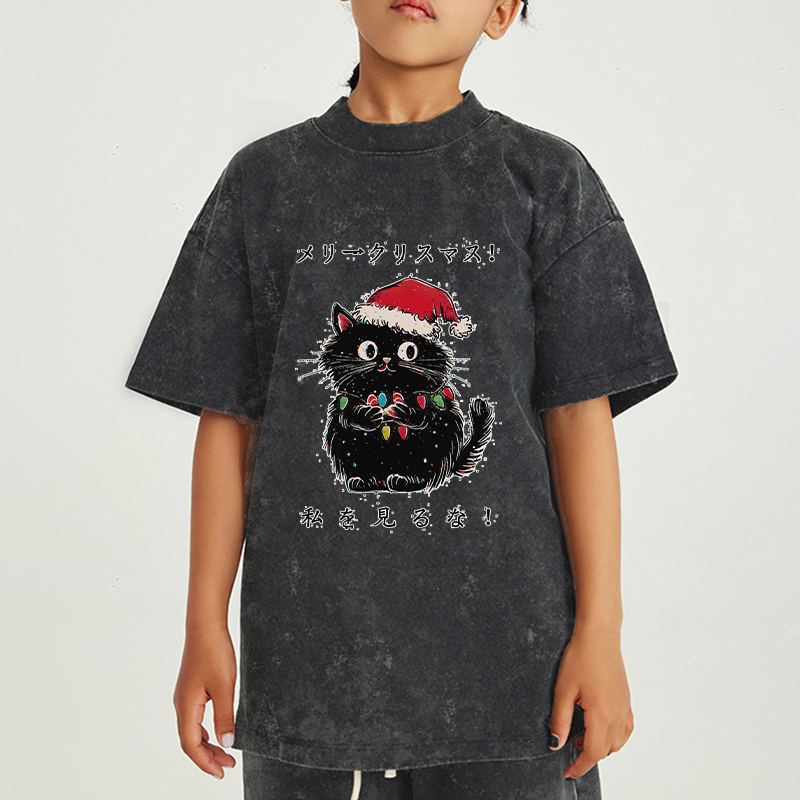 Tokyo-Tiger Black Cat Merry Fluffmas Kids Washed T-Shirt