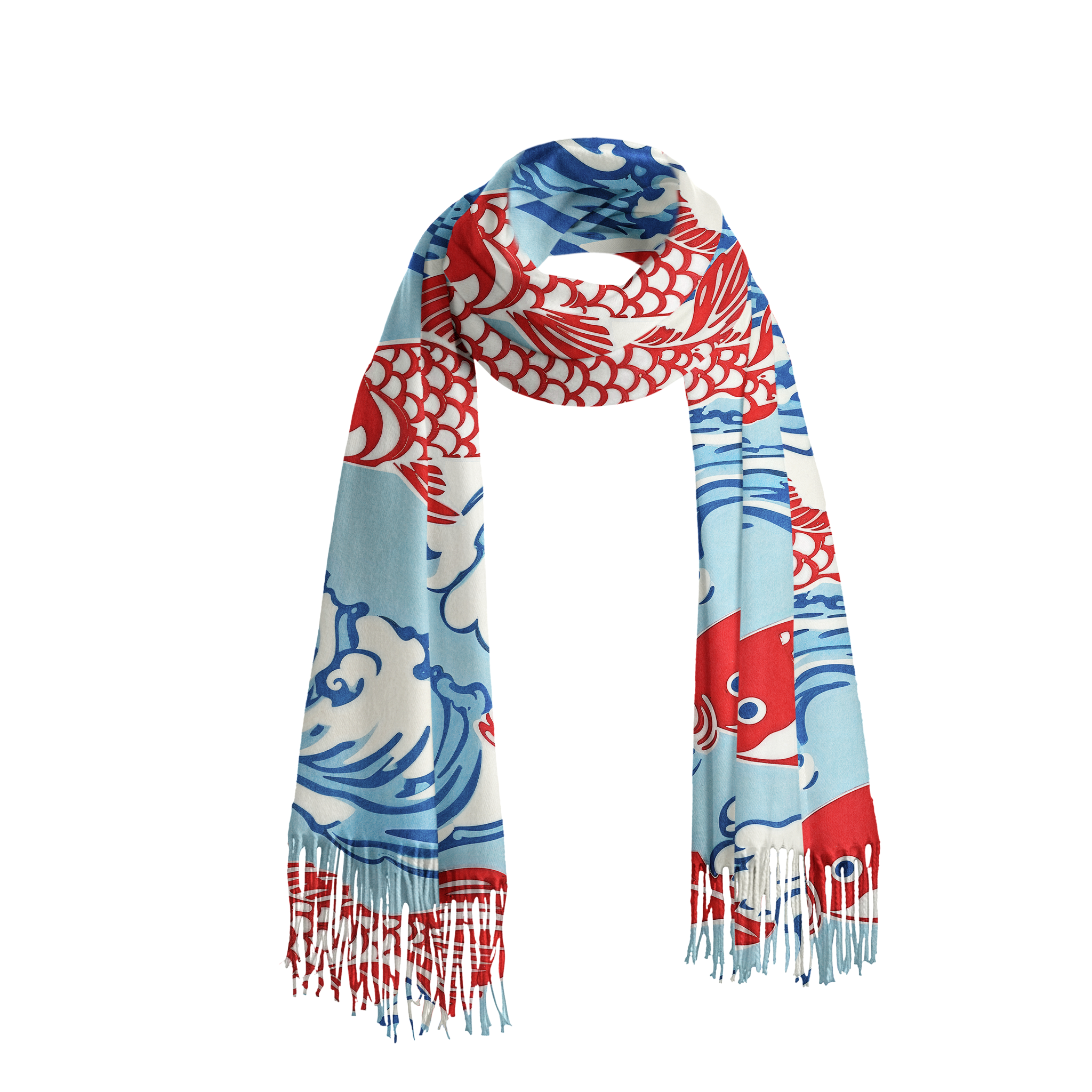 Tokyo-Tiger Koi Carp Frenzy Fringed Scarf