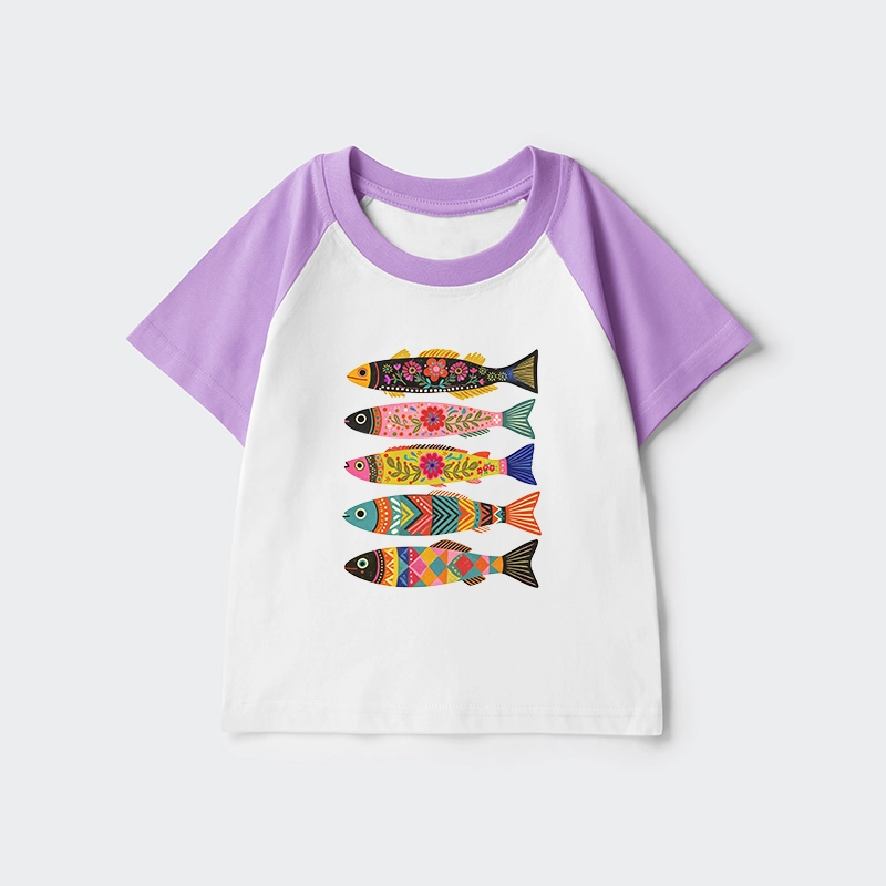 Tokyo-Tiger Colorful Patterned Fish Kids Raglan T-shirt