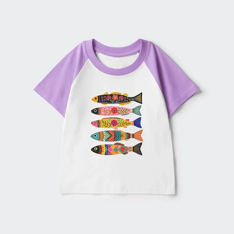 Tokyo-Tiger Colorful Patterned Fish Kids Raglan T-shirt