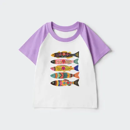 Tokyo-Tiger Colorful Patterned Fish Kids Raglan T-shirt