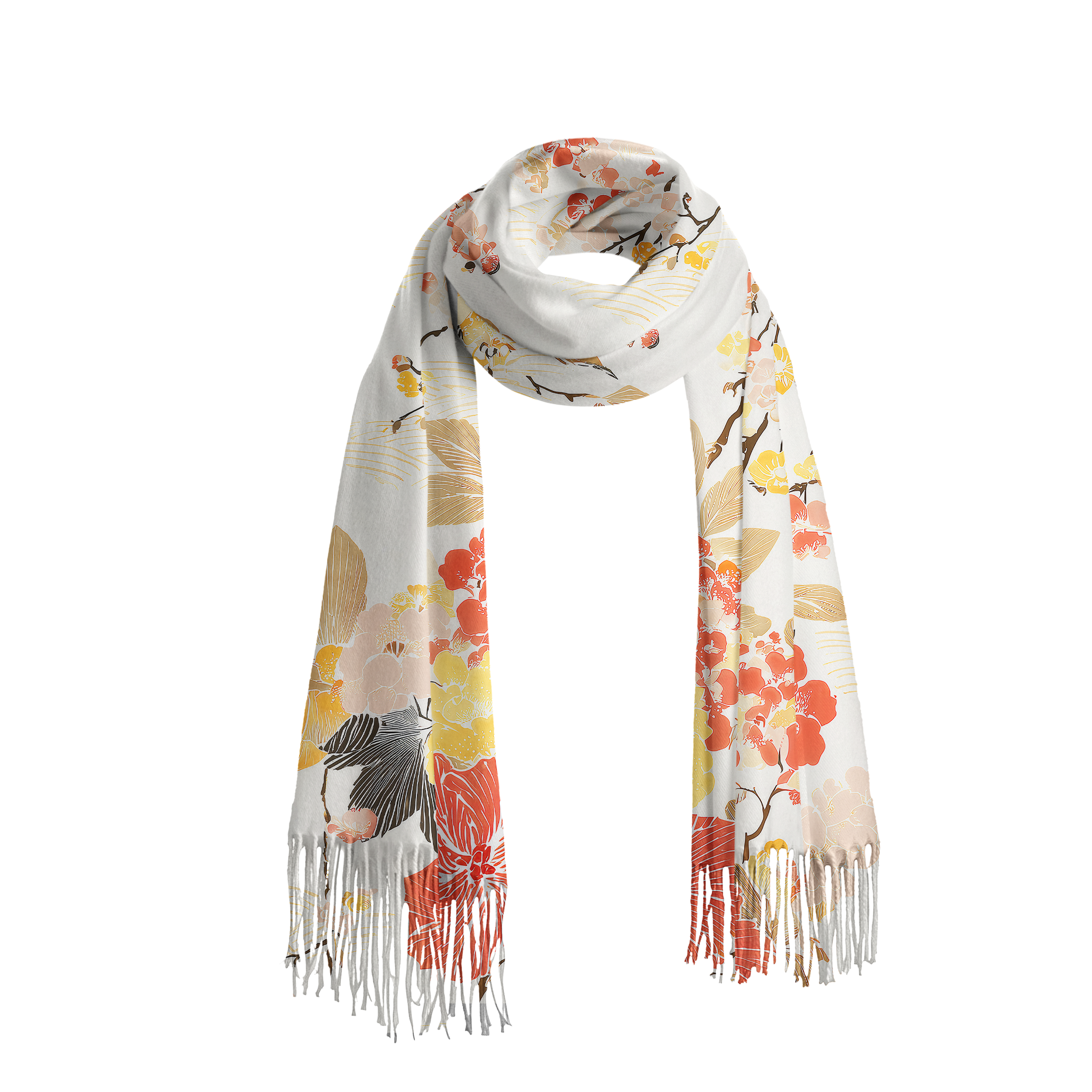 Tokyo-Tiger Vibrant Flowers And Fruits Fringed Scarf