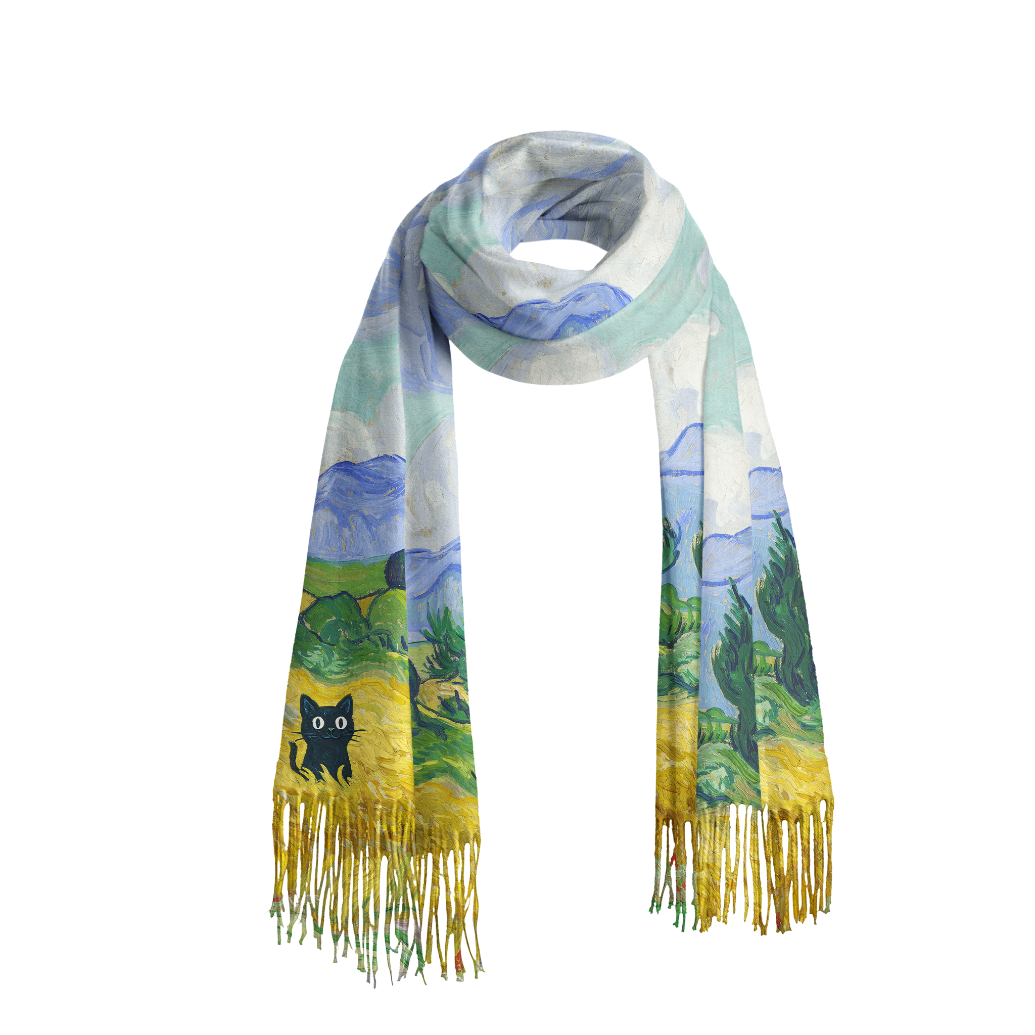 Tokyo-Tiger Black Cat In The Wheat Field Fringed Scarf