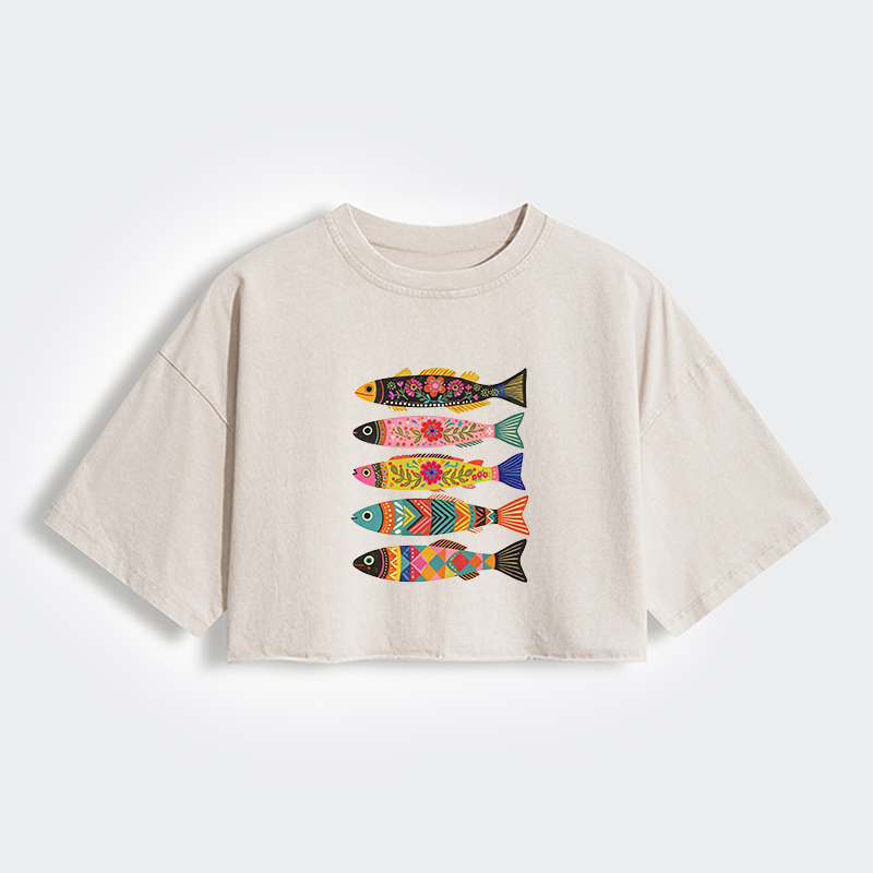 Tokyo-Tiger Colorful Patterned Fish Women's Washed Crop T-Shirt