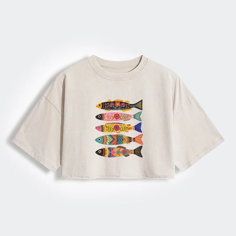 Tokyo-Tiger Colorful Patterned Fish Women's Washed Crop T-Shirt Sale