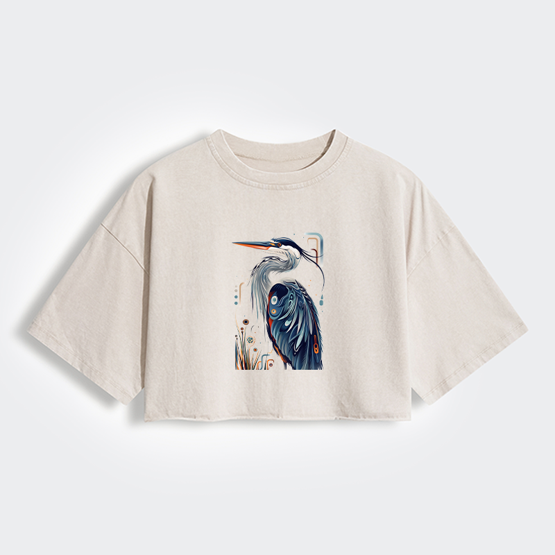 Tokyo-Tiger Stylish Blue Heron Women's Washed Crop T-Shirt