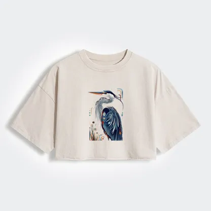 Tokyo-Tiger Stylish Blue Heron Women's Washed Crop T-Shirt