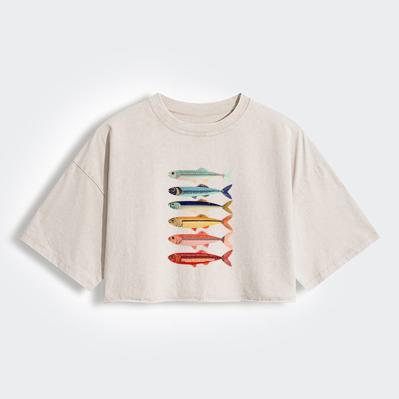 Tokyo-Tiger Colorful Fish Stack Women's Washed Crop T-Shirt
