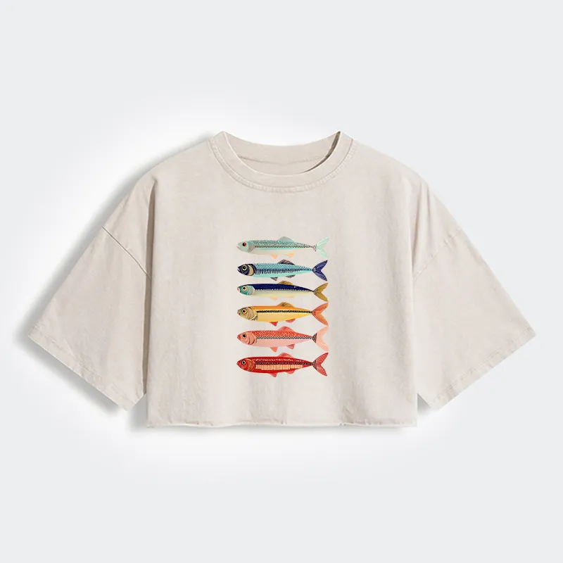 Tokyo-Tiger Colorful Fish Stack Women's Washed Crop T-Shirt