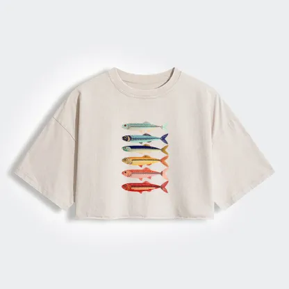 Tokyo-Tiger Colorful Fish Stack Women's Washed Crop T-Shirt