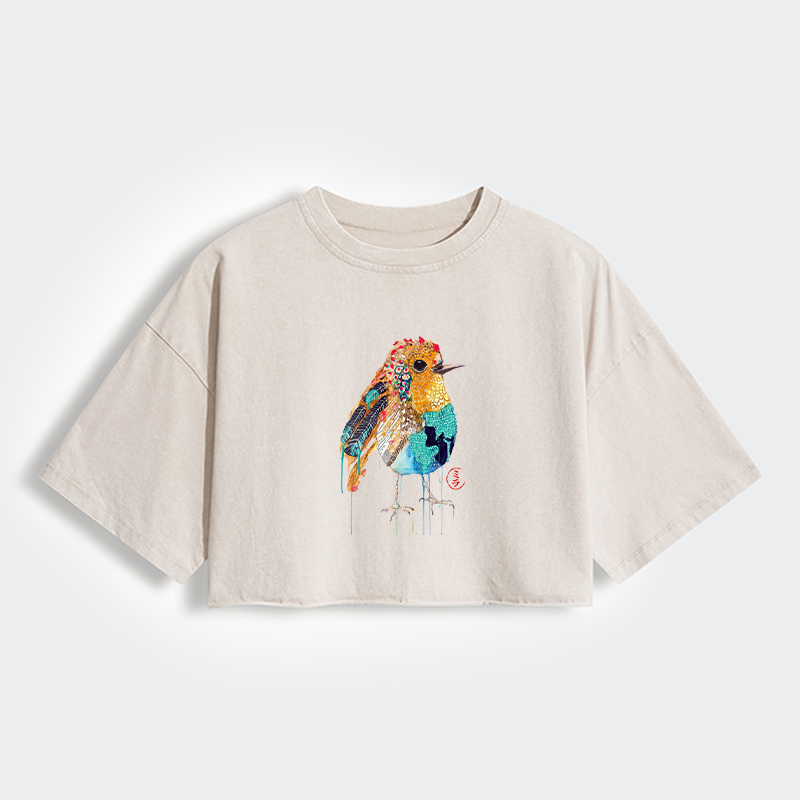 Tokyo-Tiger Sparkly Wild Bird Women's Washed Crop T-Shirt