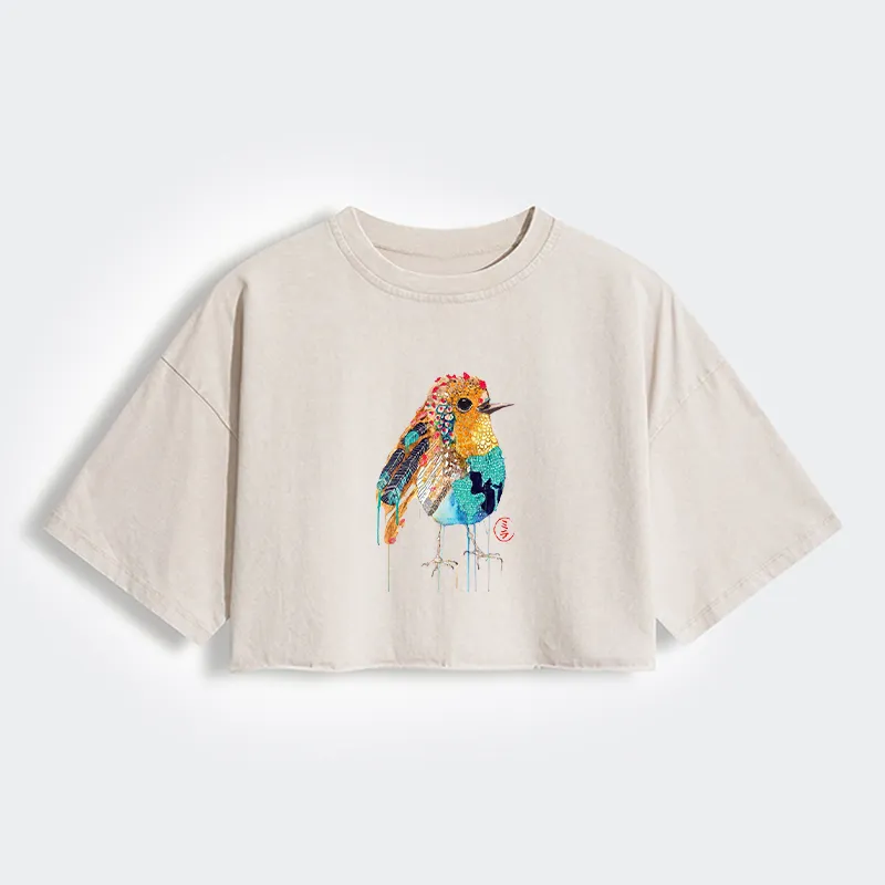 Tokyo-Tiger Sparkly Wild Bird Women's Washed Crop T-Shirt