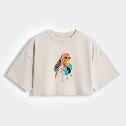 Tokyo-Tiger Sparkly Wild Bird Women's Washed Crop T-Shirt