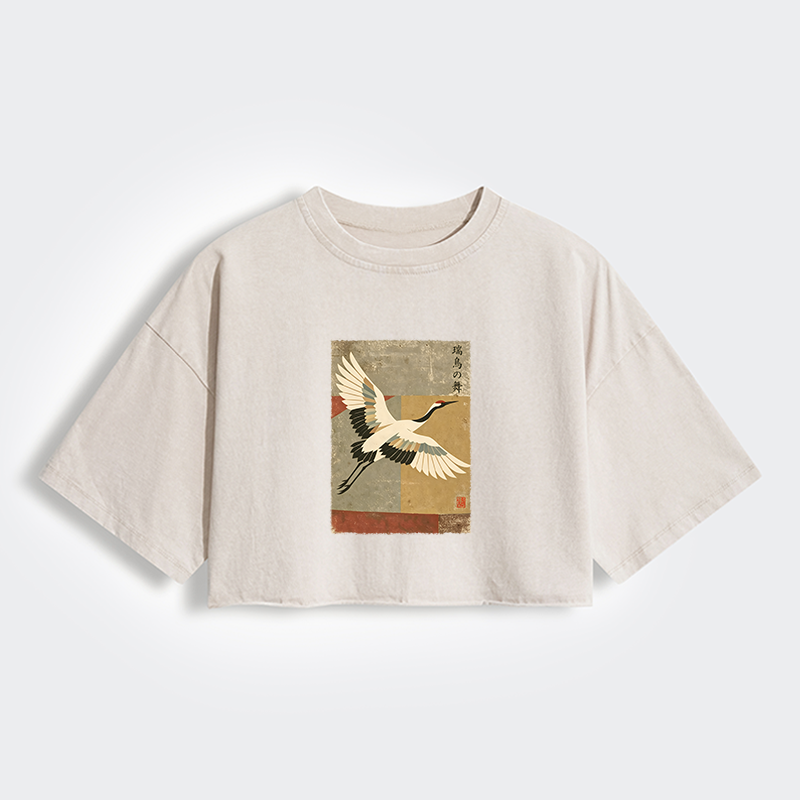 Tokyo-Tiger Crane Spirit Women's Washed Crop T-Shirt