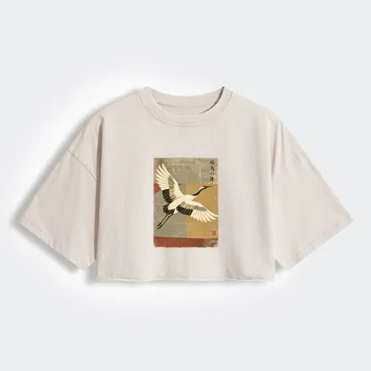 Tokyo-Tiger Crane Spirit Women's Washed Crop T-Shirt