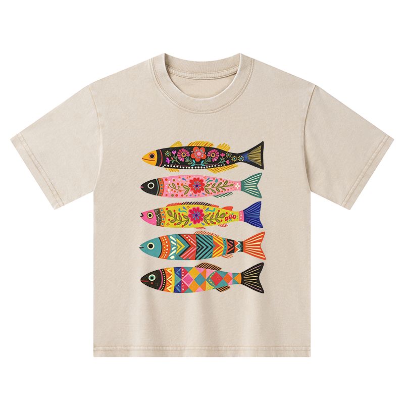 Tokyo-Tiger Colorful Patterned Fish Kids Washed T-Shirt