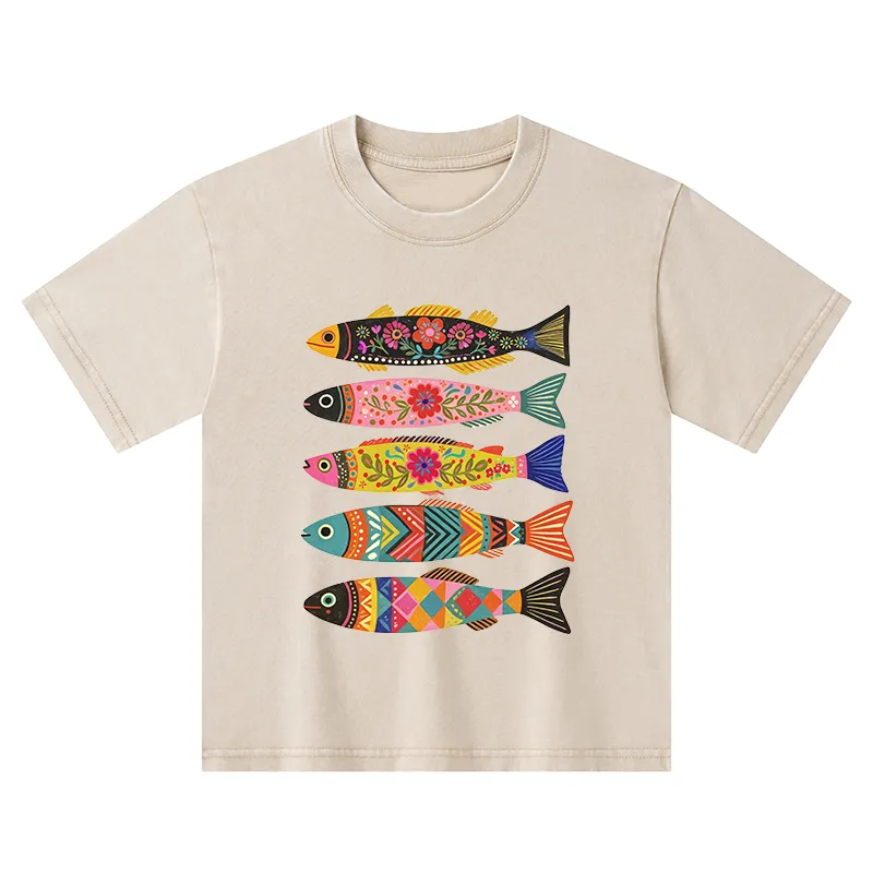 Tokyo-Tiger Colorful Patterned Fish Kids Washed T-Shirt Sale