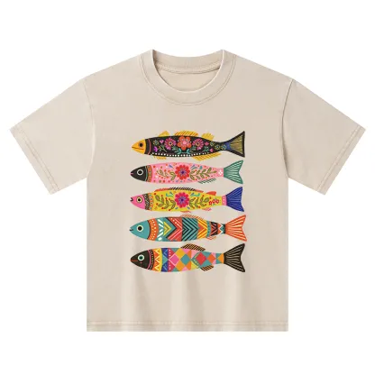 Tokyo-Tiger Colorful Patterned Fish Kids Washed T-Shirt
