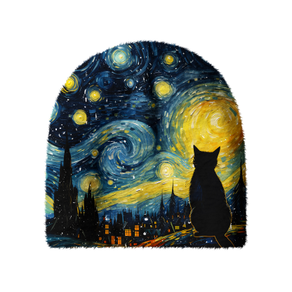 Tokyo-Tiger Black Cat Under The Stars Fuzzy Beanie