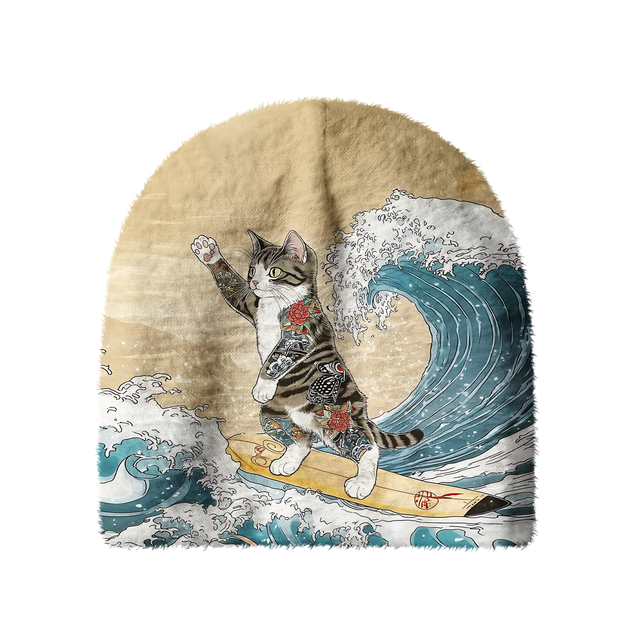 Tokyo-Tiger Cat Surfing Fuzzy Beanie