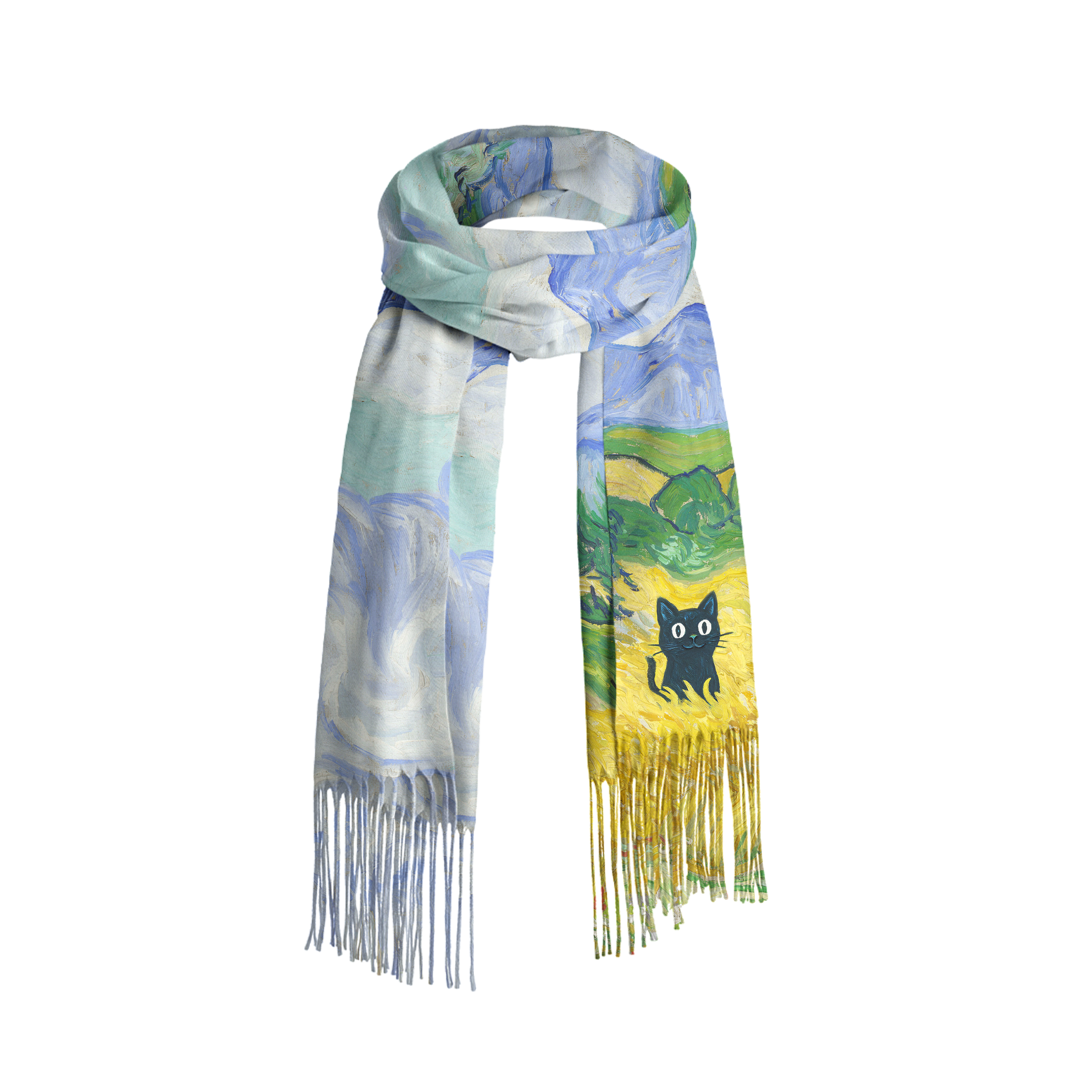 Tokyo-Tiger Black Cat In The Wheat Field Fringed Scarf