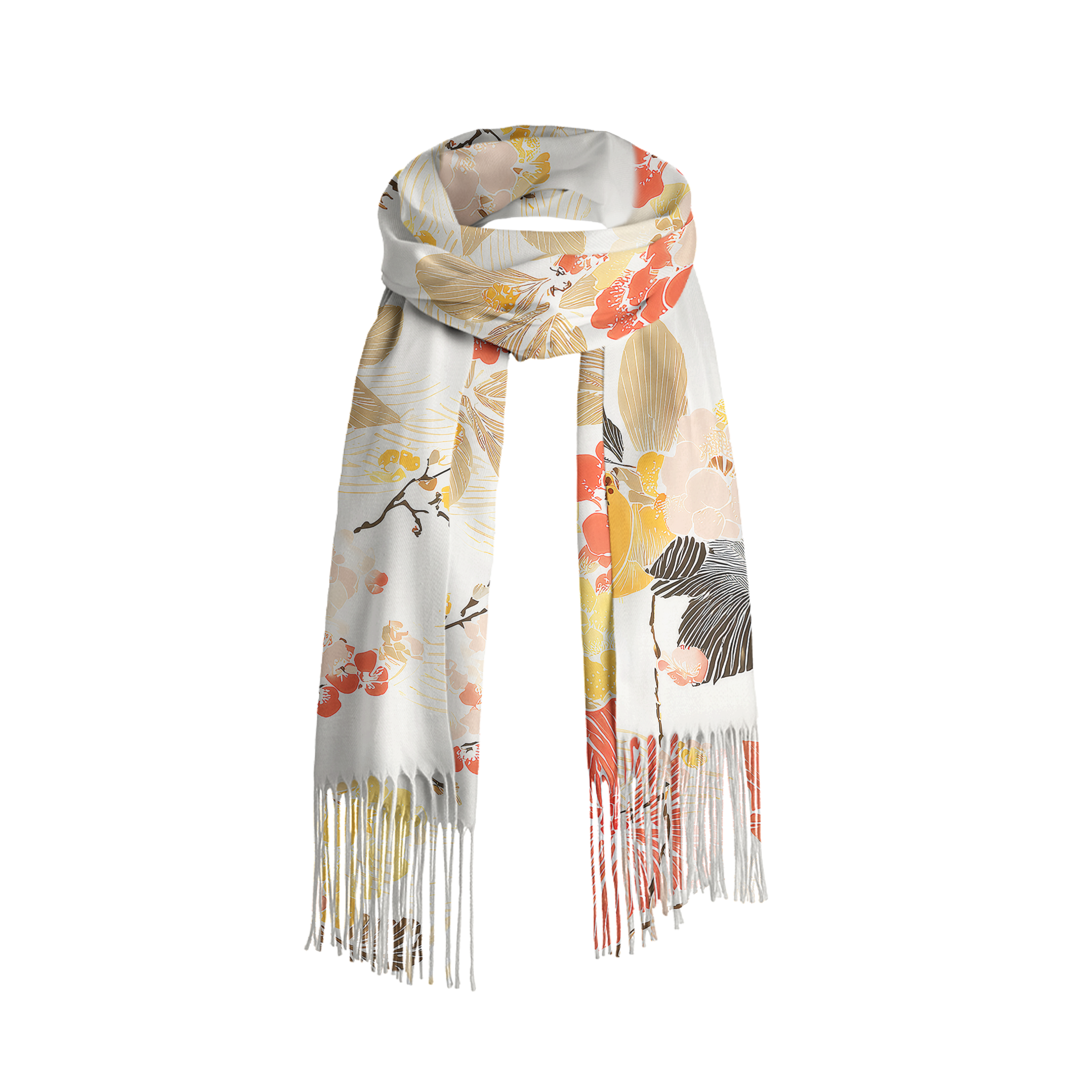 Tokyo-Tiger Vibrant Flowers And Fruits Fringed Scarf
