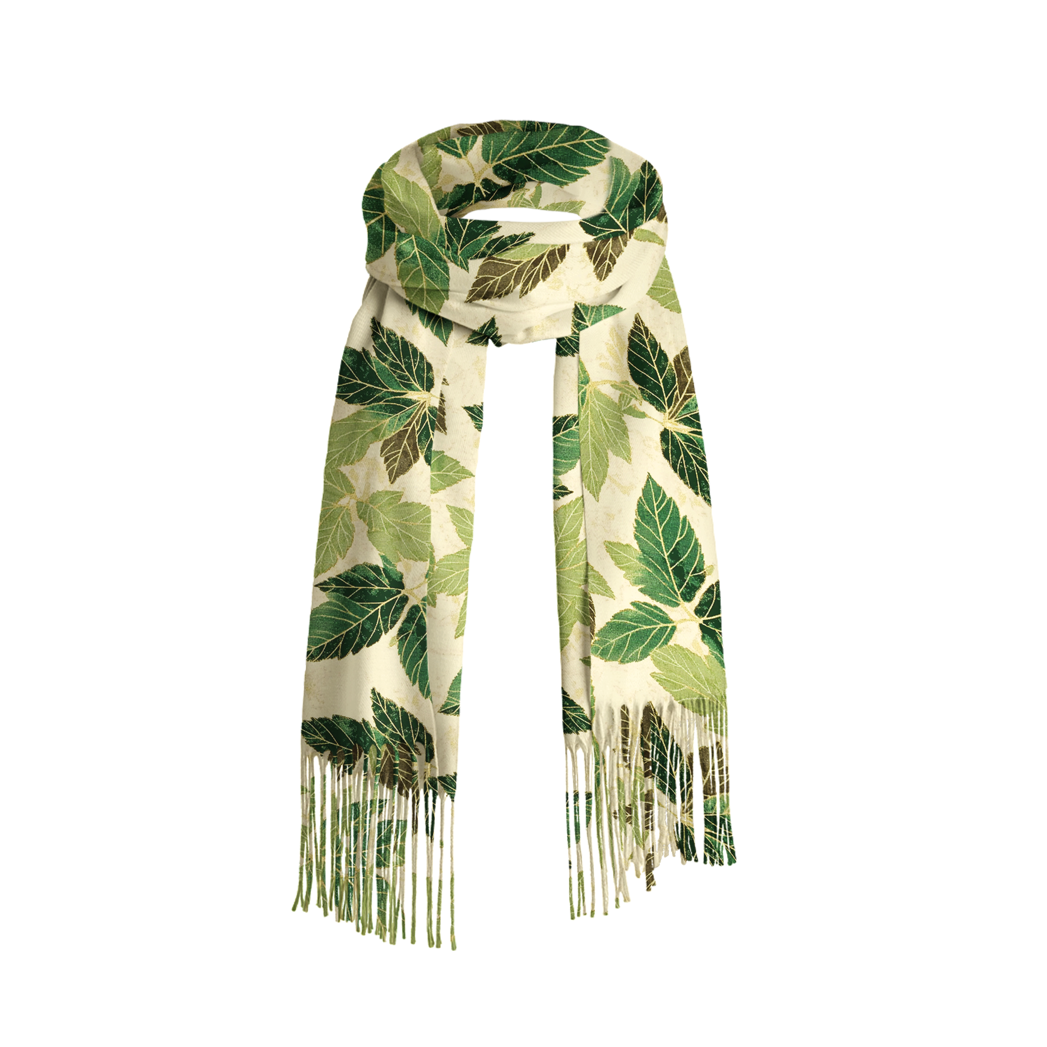 Tokyo-Tiger Green Leaf Escape Fringed Scarf