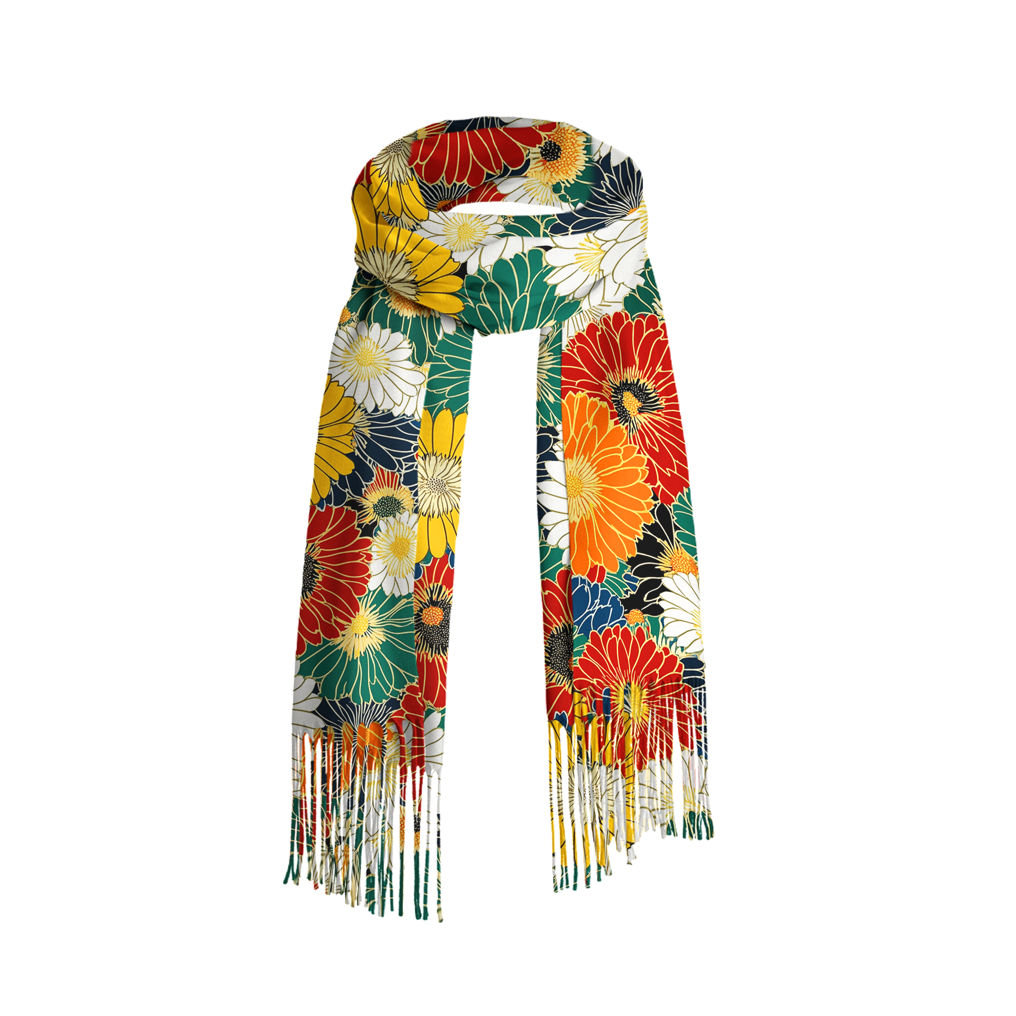Tokyo-Tiger Colorful Chrysanthemums Fringed Scarf