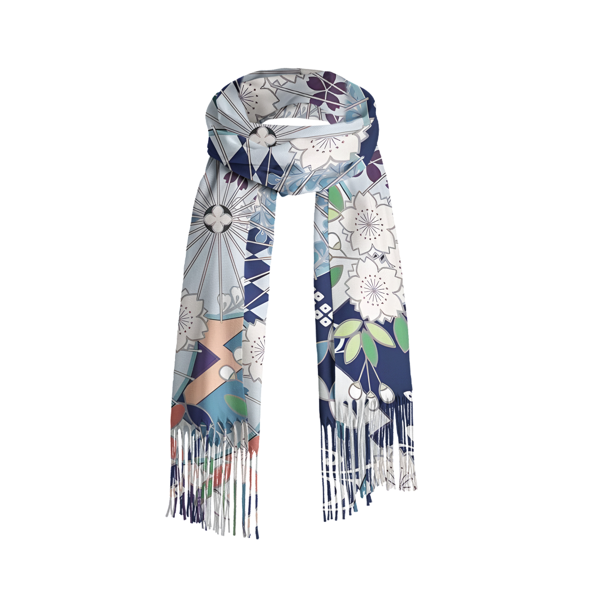 Tokyo-Tiger Floral And Umbrella Fringed Scarf