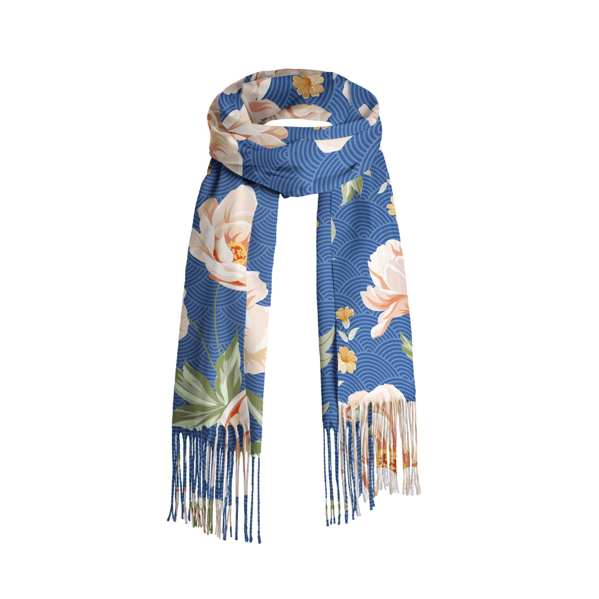 Tokyo-Tiger Flowers In The Waves Fringed Scarf