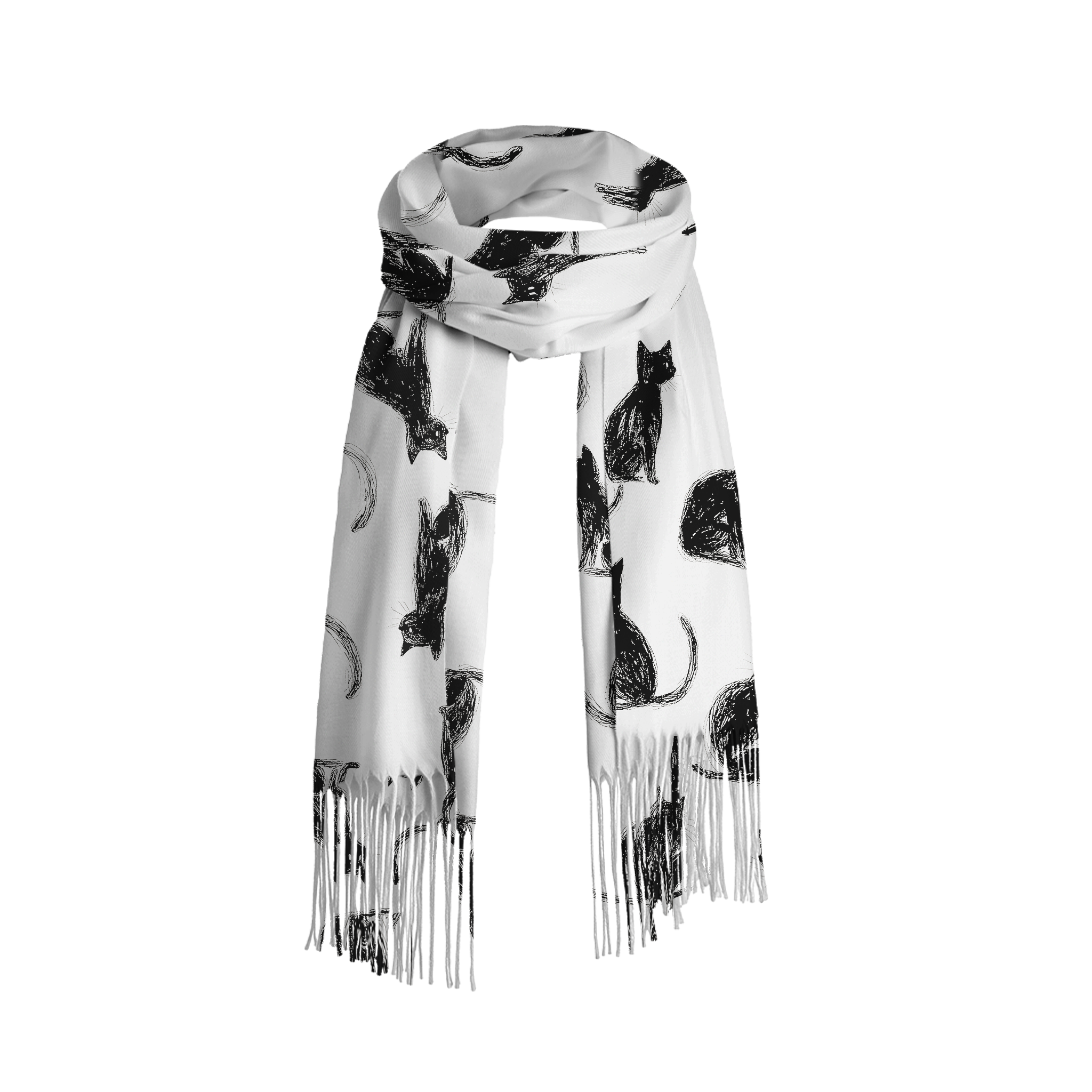 Tokyo-Tiger Black Cat White Fringed Scarf