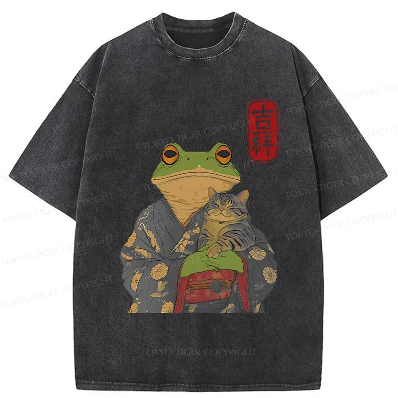 Tokyo-Tiger Frog Hugging Cat Washed T-Shirt