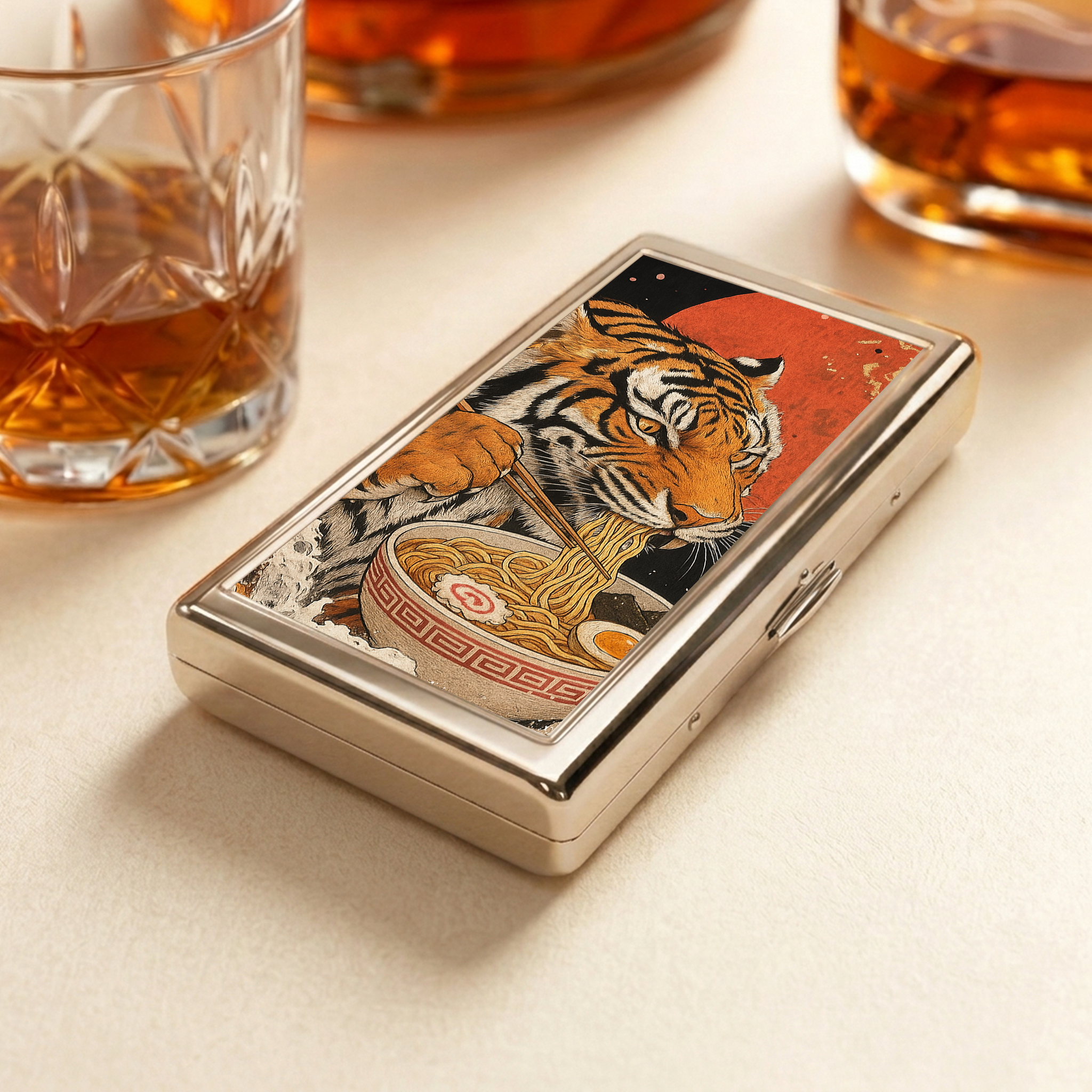 Tokyo-Tiger Ukiyoe Japan Tiger Eating Ramen  Pocket Cigarette Case
