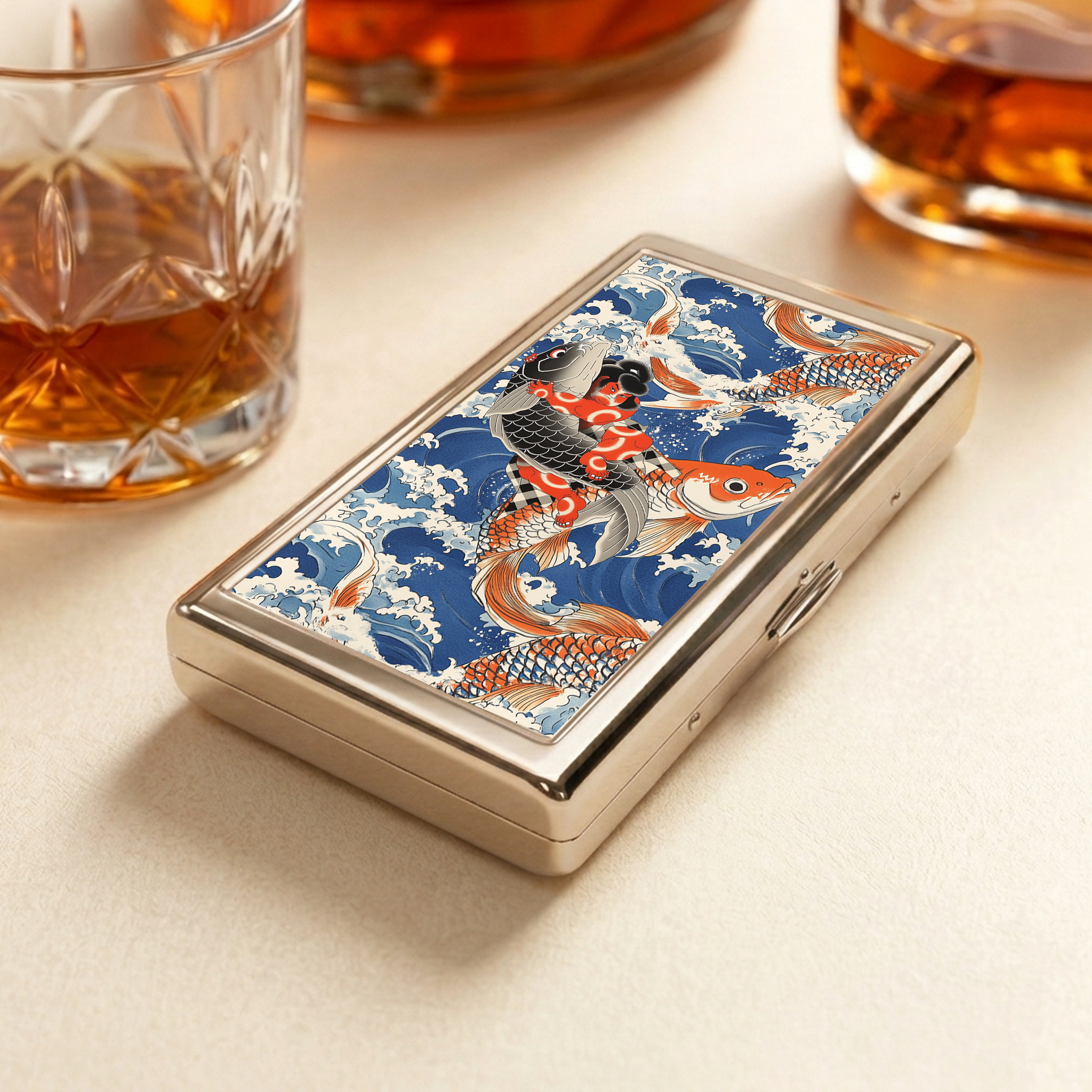 Tokyo-Tiger Sumo Wrestler Holding A Koi  Pocket Cigarette Case