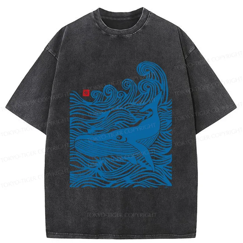 Tokyo-Tiger Woodcut Whale Washed T-Shirt