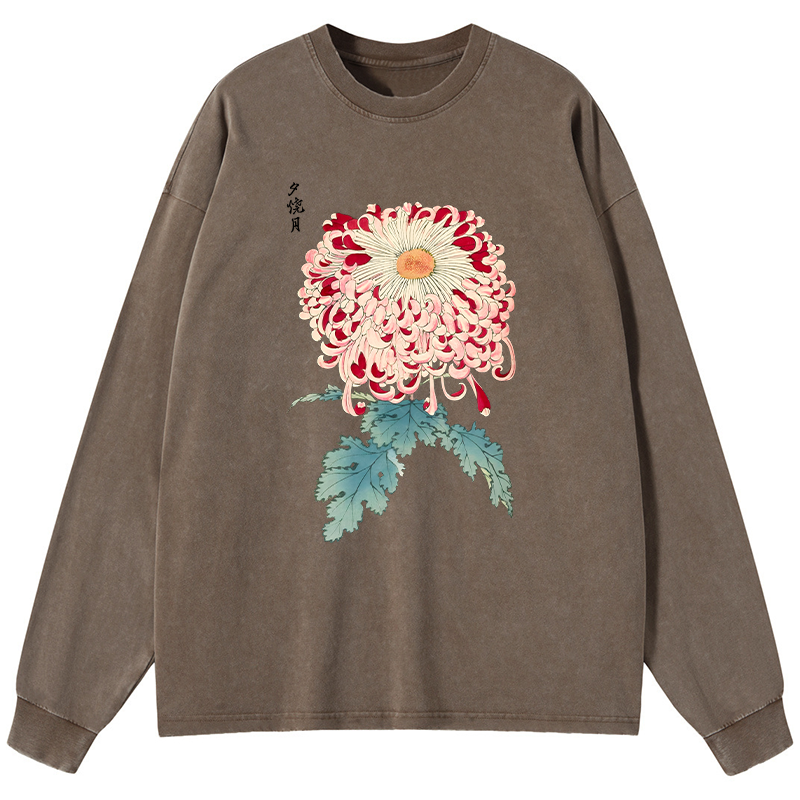 Tokyo-Tiger Vintage Chrysanthemum Art Washed Long Sleeve T-Shirt