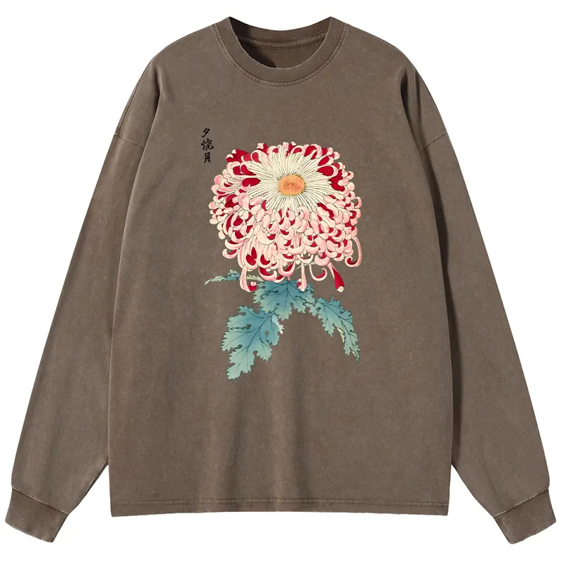 Tokyo-Tiger Vintage Chrysanthemum Art Washed Long Sleeve T-Shirt